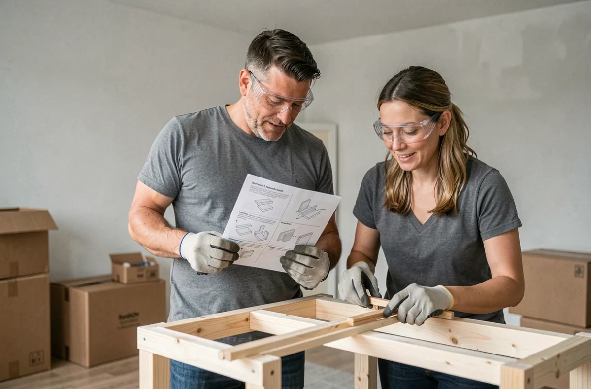 Couple d'adultes collaborant sur un cours de montage de meuble en bois dans un salon en cours d'aménagement
