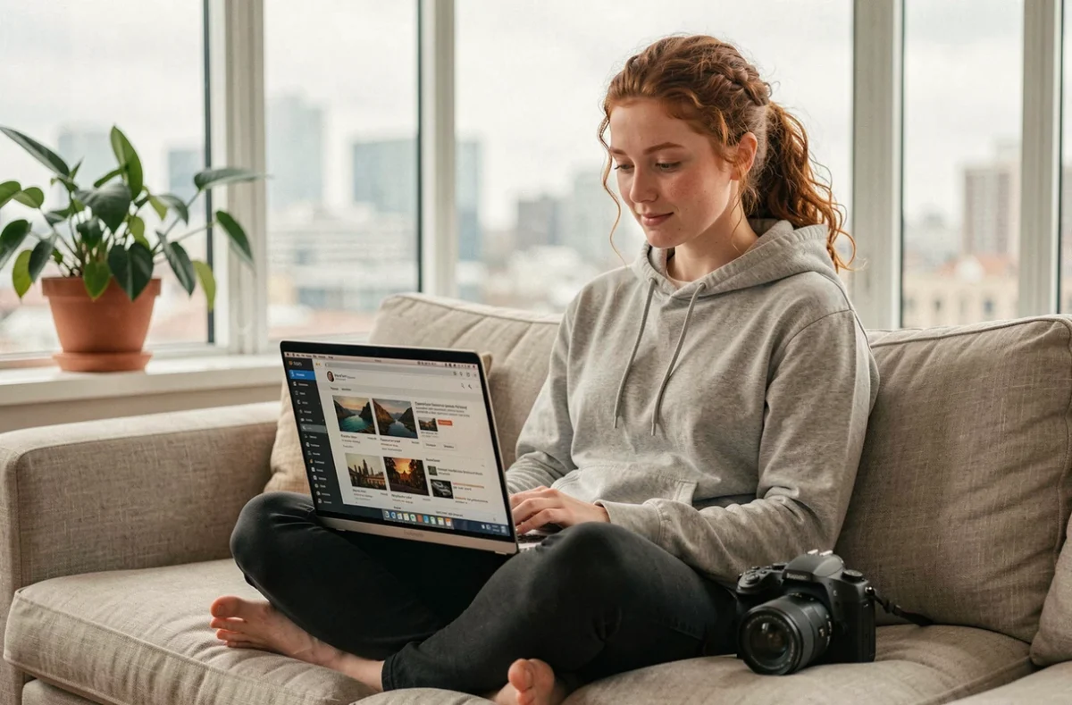 Jeune femme évaluant des cours de photographie en ligne sur son ordinateur portable depuis son salon, appareil photo posé à côté d'elle
