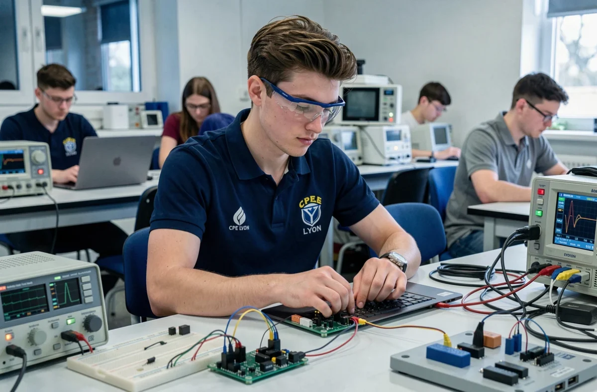 Un étudiant du département sciences du numérique de CPE Lyon programme une carte embarquée dans un laboratoire d'électronique
