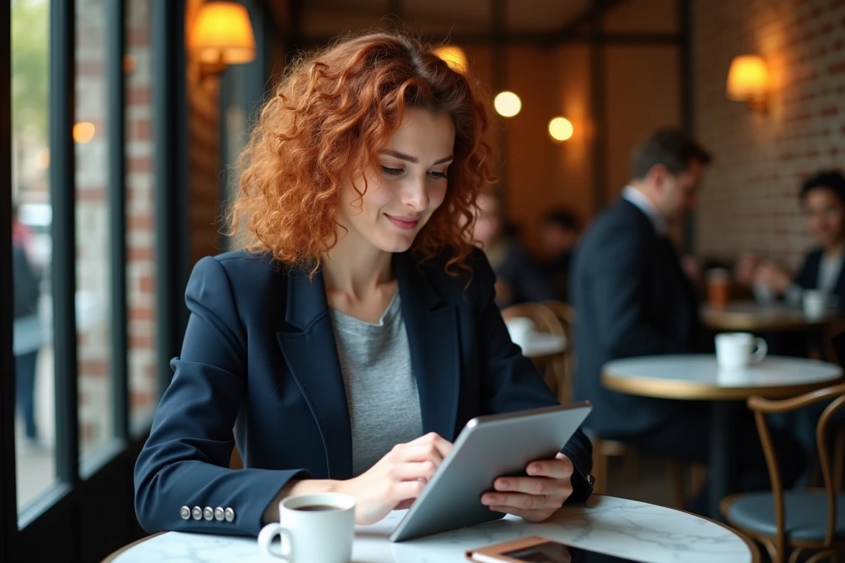 Créatrice d'entreprise lisant un abonnement magazine numérique sur tablette dans un café parisien