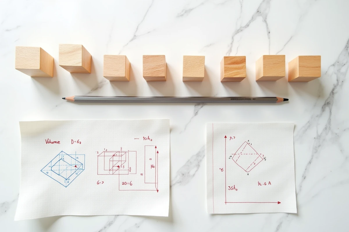Vue de dessus d'un bureau avec des cubes en bois de différentes tailles, des formules de volume et d'aire sur papier quadrillé