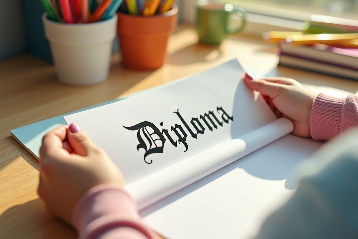 Gros plan d un diplôme tenu par un enfant avec fournitures scolaires