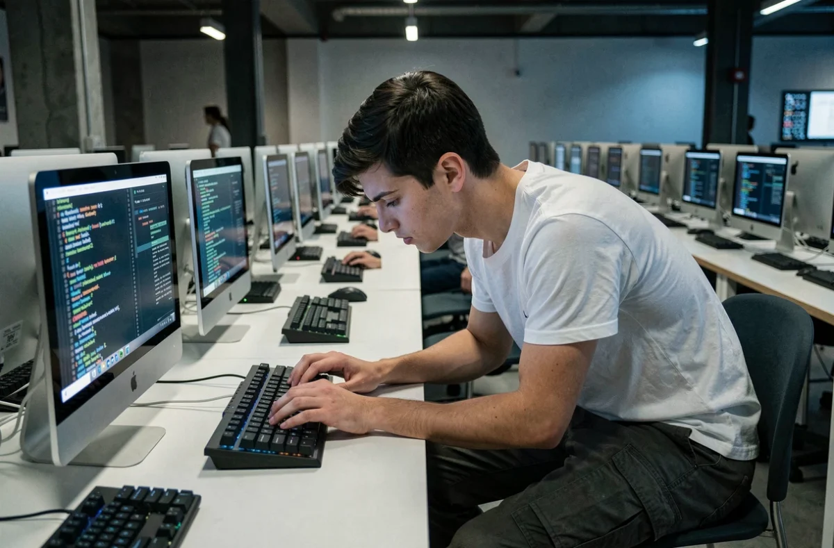 Un étudiant de l'École 42 Lyon travaille seul sur un terminal de code dans un grand espace de peer-learning sans professeur