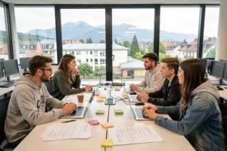 Des étudiants en informatique collaborent autour d'une grande table dans un campus numérique en Auvergne-Rhône-Alpes