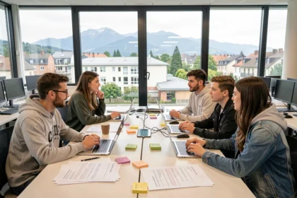 Des étudiants en informatique collaborent autour d'une grande table dans un campus numérique en Auvergne-Rhône-Alpes