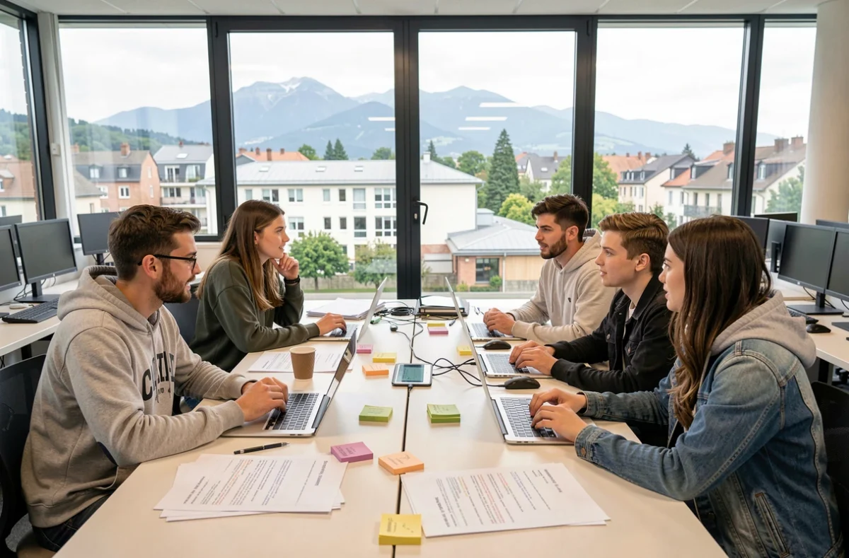 Des étudiants en informatique collaborent autour d'une grande table dans un campus numérique en Auvergne-Rhône-Alpes