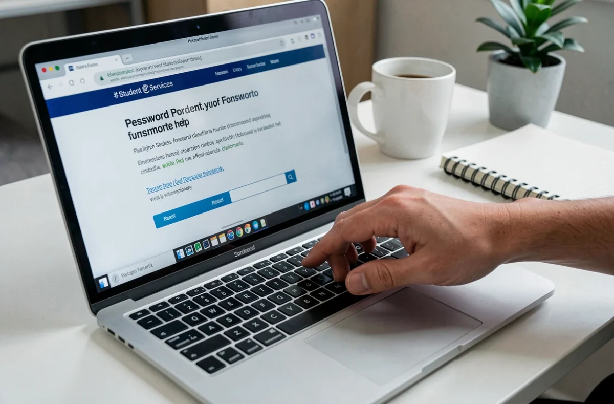 Gros plan sur un écran d'ordinateur affichant une page de récupération de mot de passe d'un espace étudiant numérique depuis une chambre universitaire