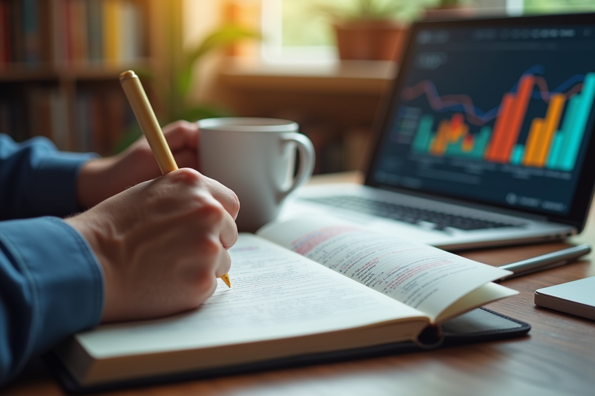 Mains écrivant du code R dans un carnet avec une tasse de café et visualisations