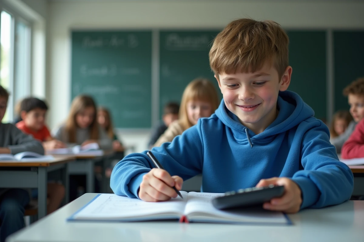 Jeune garçon en classe utilisant une calculatrice et un livre de maths