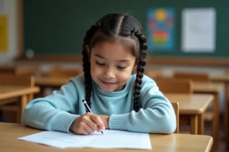 Jeune élève de CE1 lisant un texte de fluence imprimé à son bureau en classe, doigt posé sur les mots