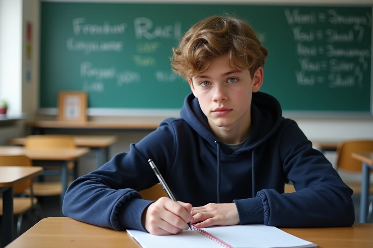 Adolescent en classe prenant des notes sur la conjugaison des verbes du 2ème groupe au tableau