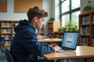 Élève adolescent connecté à l'ENT sur un ordinateur portable dans une bibliothèque scolaire
