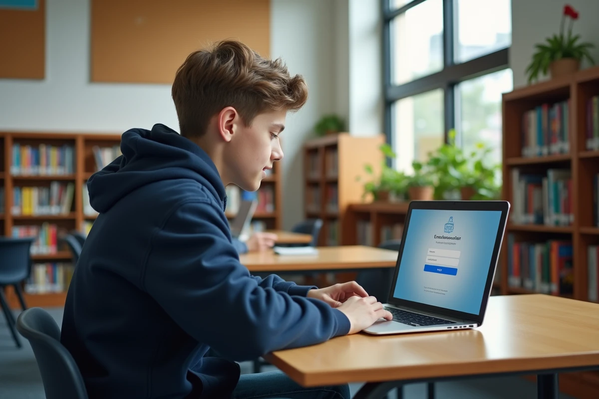 Élève adolescent connecté à l'ENT sur un ordinateur portable dans une bibliothèque scolaire
