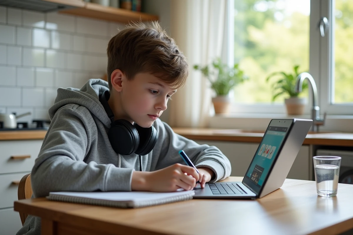 Adolescent suivant un cours à distance sur une tablette numérique avec prise de notes dans la cuisine
