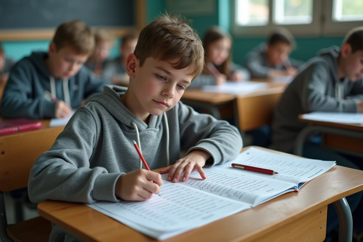 Élève de collège réalisant un exercice corrigé sur les classes grammaticales en classe