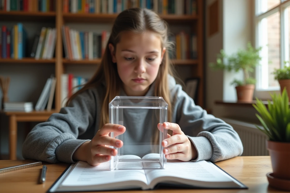 Adolescente étudiant la géométrie avec un modèle de cube en acrylique transparent et un manuel de mathématiques