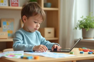 Élève de primaire travaillant sur une table de multiplication interactive style Montessori à son bureau en bois
