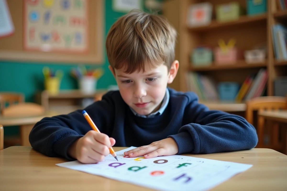 Élève dyslexique utilisant un outil d'aide à l'écriture en classe ULIS avec des supports pédagogiques adaptés