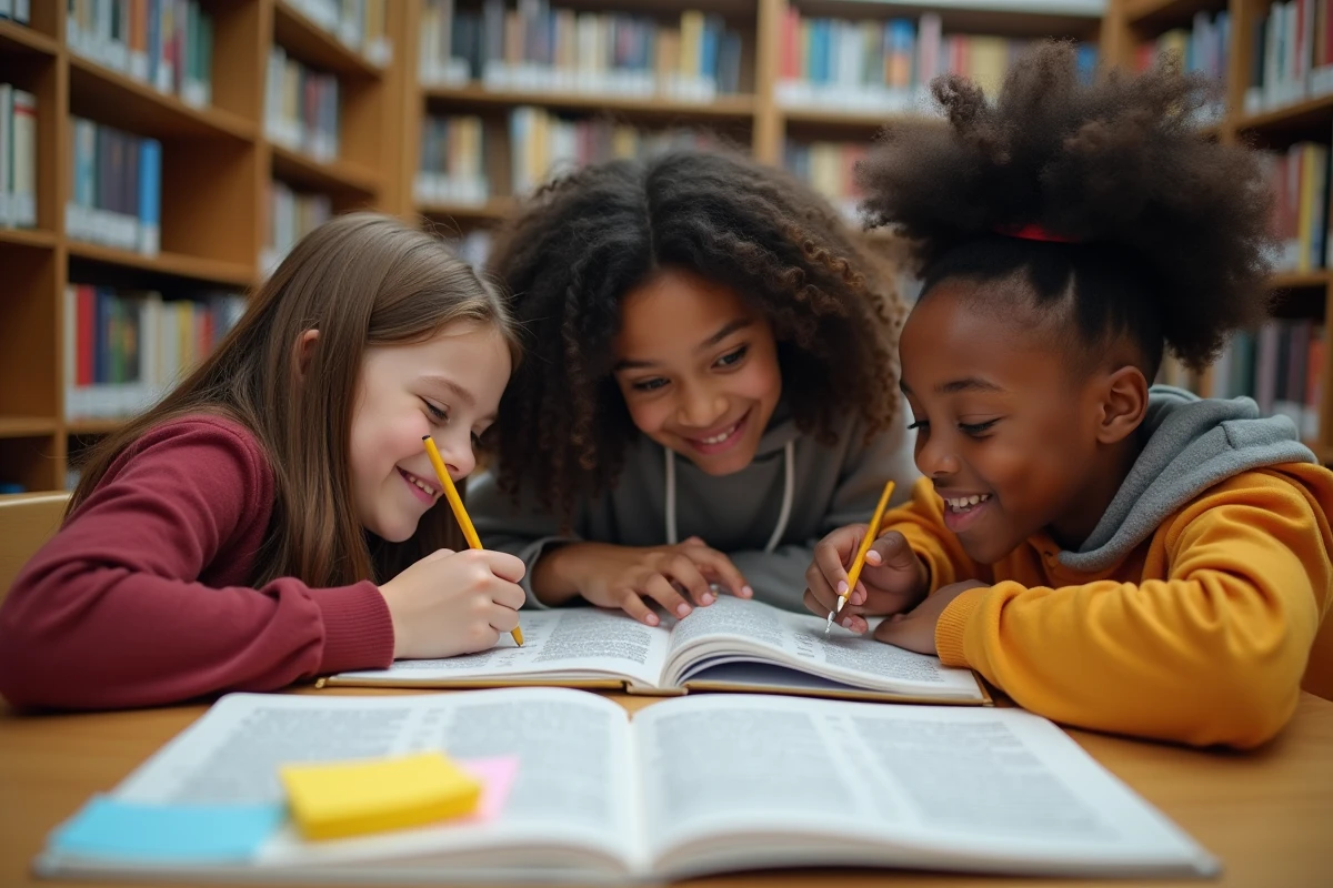 Groupe d'élèves travaillant ensemble sur des exercices corrigés de classes grammaticales en bibliothèque scolaire