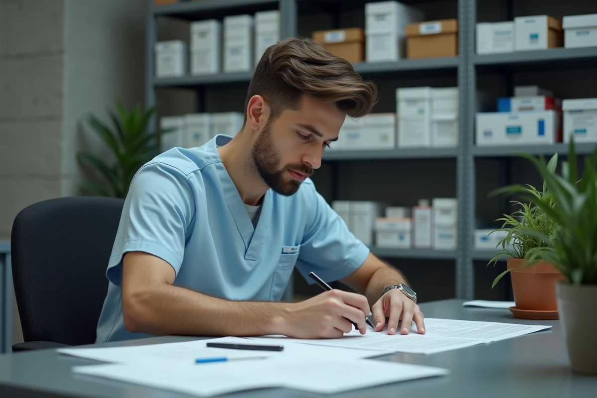 Un employé de parapharmacie consulte ses horaires de travail et ses notes dans une réserve de magasin