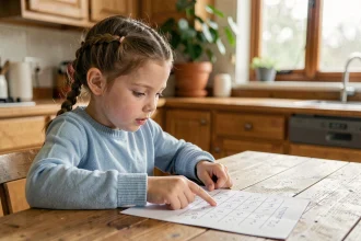 Jeune fille concentrée qui apprend la table de multiplication de 8 à la maison, assise à une table en bois avec une feuille de calcul manuscrite