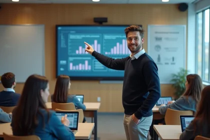 Jeune instructeur en formation informatique devant classe moderne