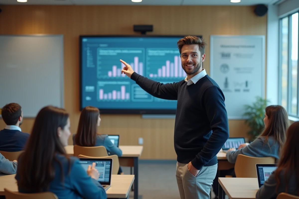 Jeune instructeur en formation informatique devant classe moderne