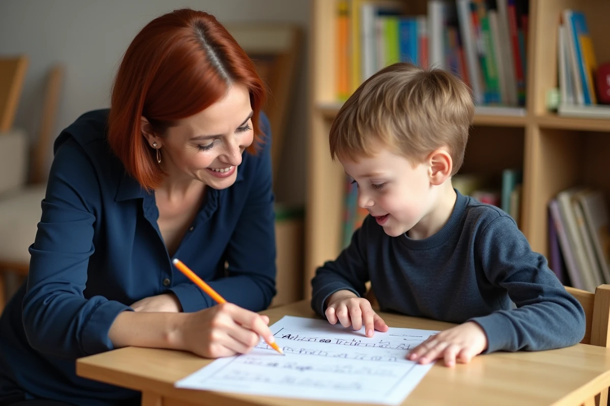 Enseignante accompagnant un élève fragile en lecture de fluence dans un coin lecture de classe élémentaire
