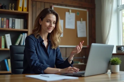 Enseignante enregistrant un cours en ligne sur son ordinateur portable dans un bureau à domicile organisé
