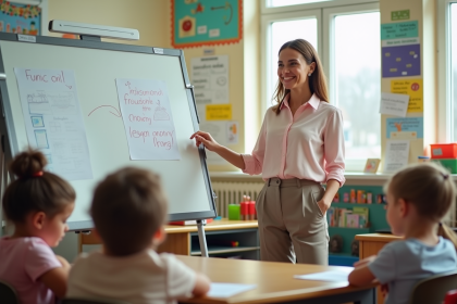 Enseignante primaire souriante en classe avec élèves