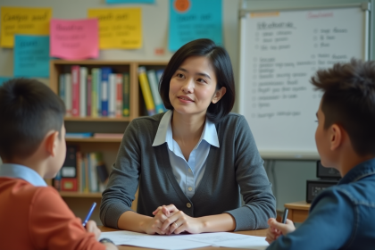 Professeure discutant avec des adolescents en classe