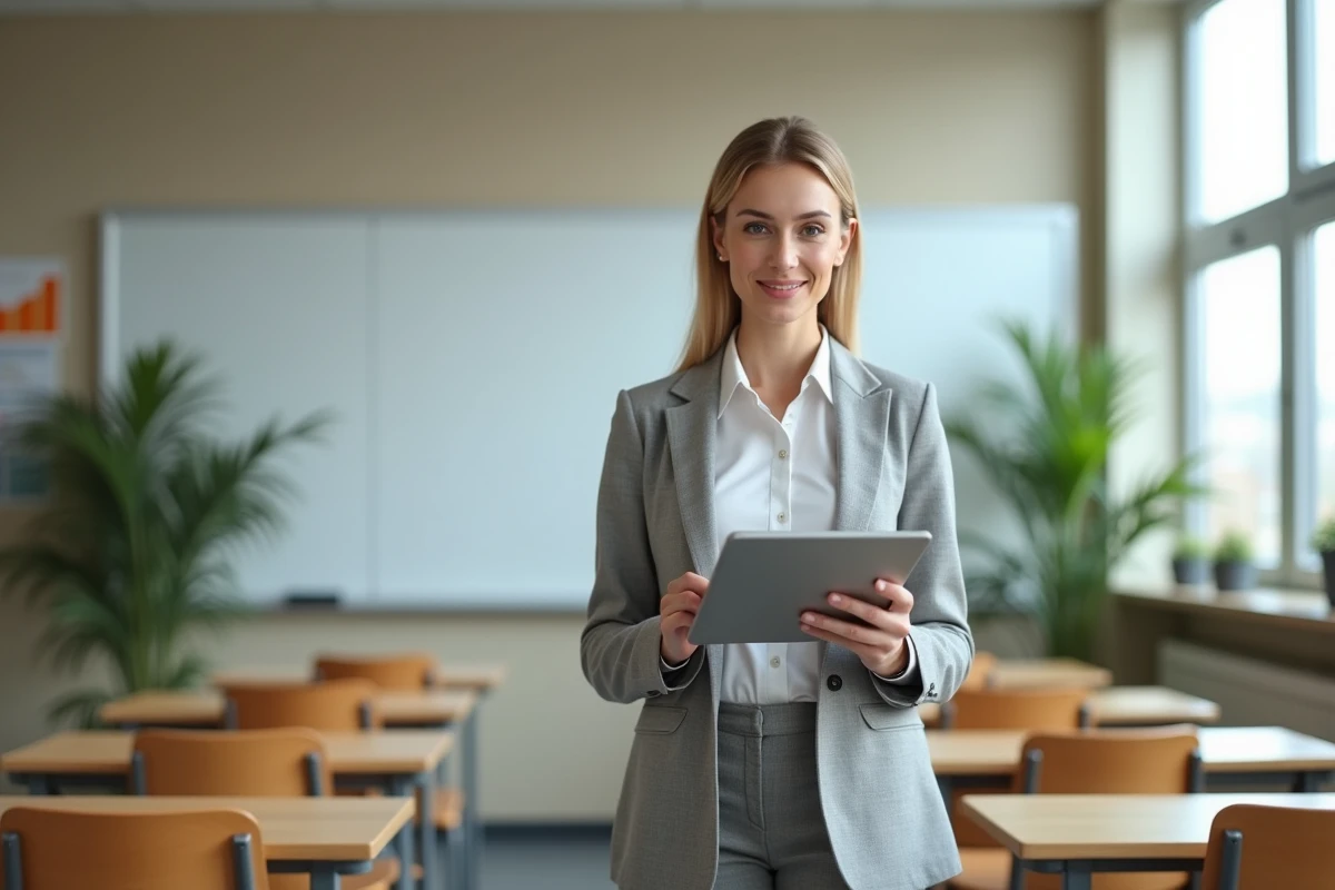 Enseignante utilisant un portail ENT numérique sur une tablette dans une salle de classe moderne