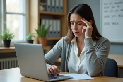 Enseignante frustrée devant son ordinateur portable tentant de se connecter à IProf ac Montpellier
