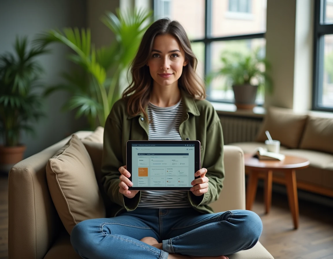 Jeune enseignante utilisant une tablette pour accéder à l'e-service UHA dans un salon de faculté et gérer ses cours en ligne