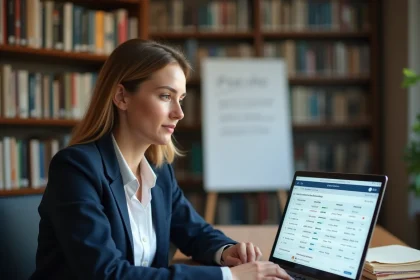 Enseignante universitaire utilisant le service en ligne UHA pour gérer ses cours et notes sur un ordinateur portable dans son bureau