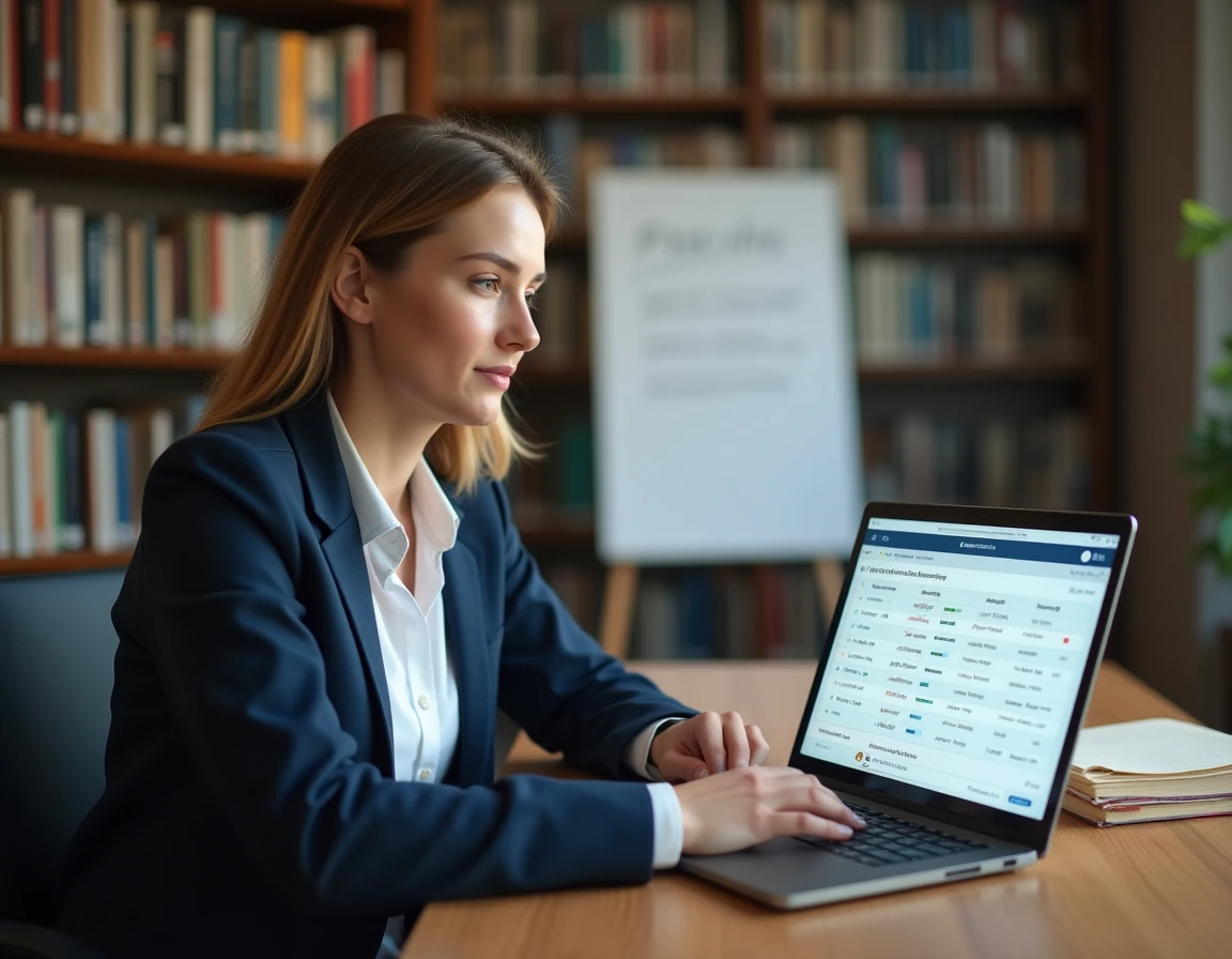 Enseignante universitaire utilisant le service en ligne UHA pour gérer ses cours et notes sur un ordinateur portable dans son bureau