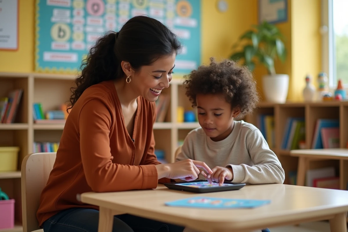 Enseignante spécialisée accompagnant un élève avec troubles DYS sur tablette numérique en classe ULIS