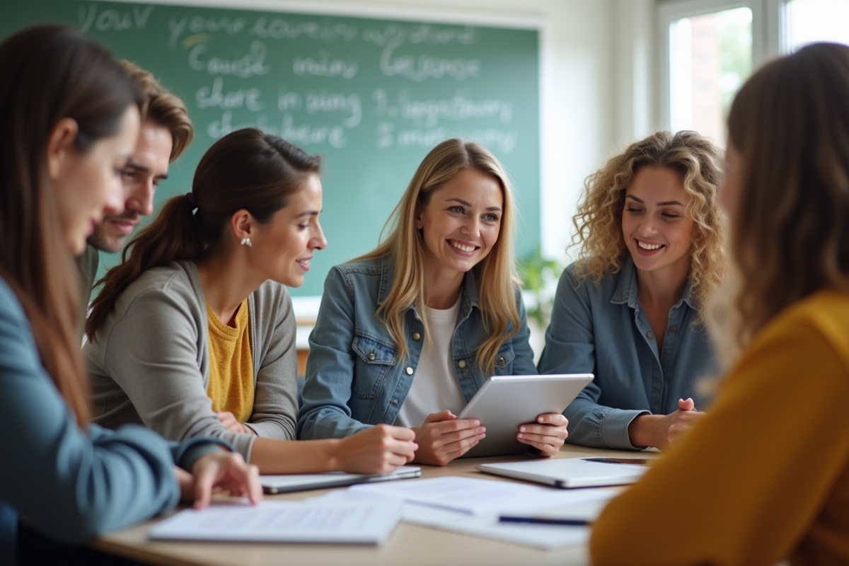 Groupe d enseignants discutant autour d une table avec des tablettes