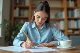 Jeune femme concentrée qui s'entraîne sur un test psychotechnique imprimé à son bureau en bois