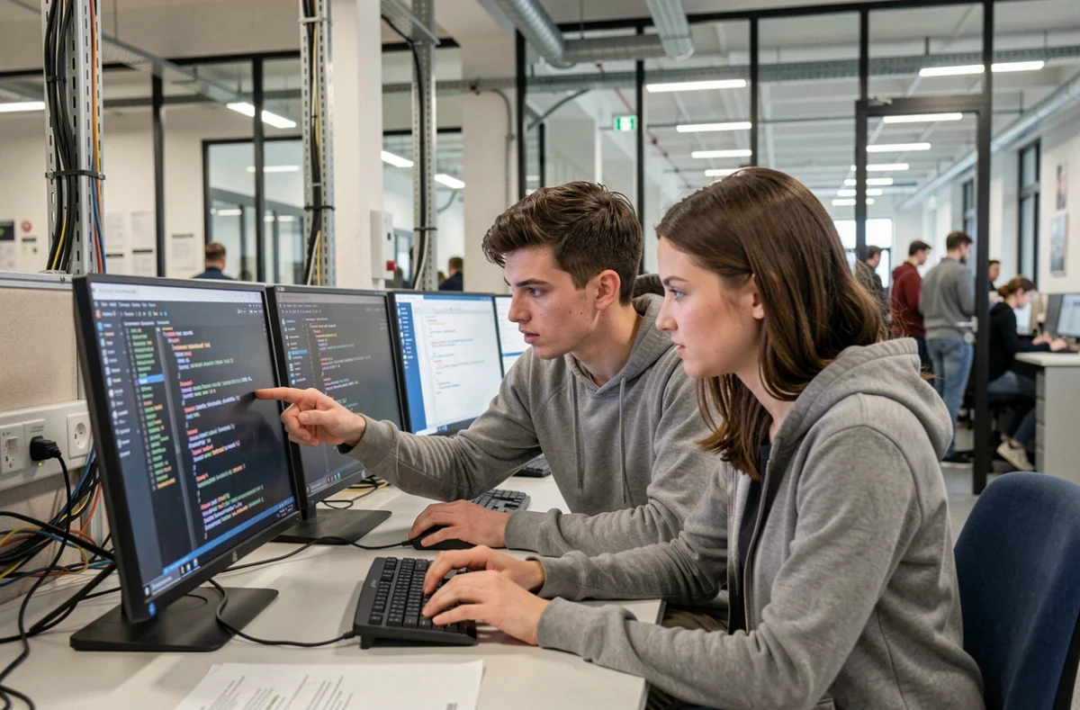Deux étudiants d'EPITA Lyon collaborent sur une session de débogage logiciel dans un laboratoire informatique moderne