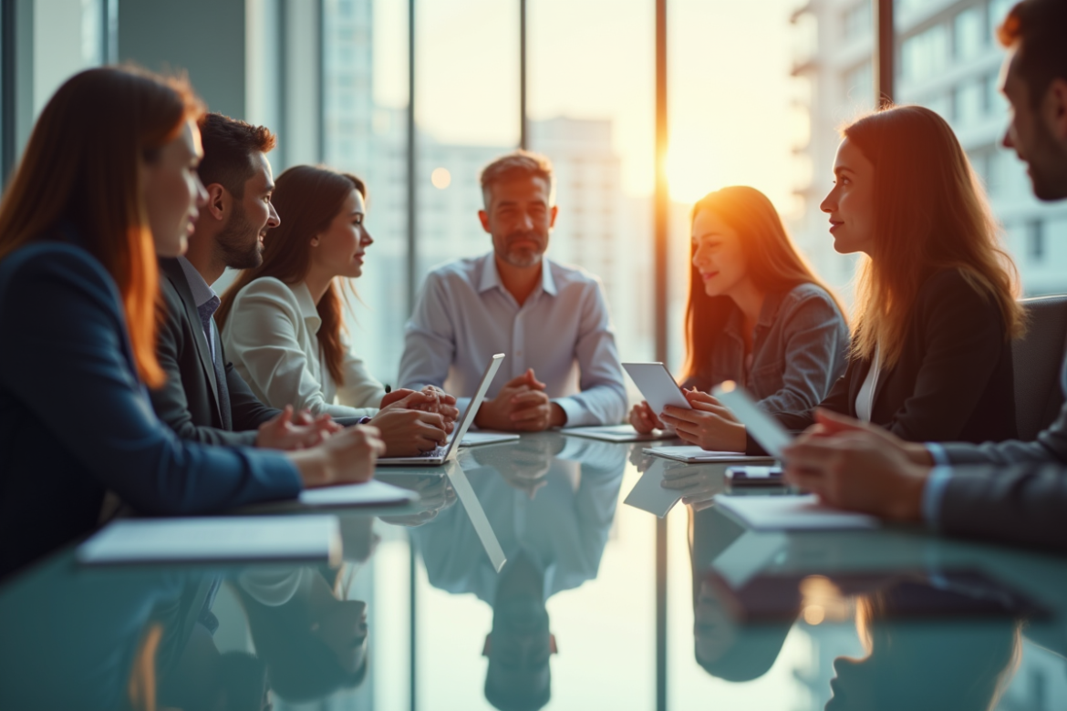 Groupe de professionnels en réunion dans un bureau lumineux