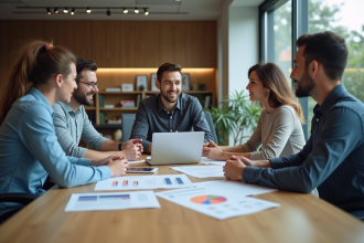 Groupe de professionnels en réunion d'analyse