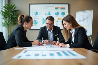 Trois professionnels RH en réunion dans un bureau moderne