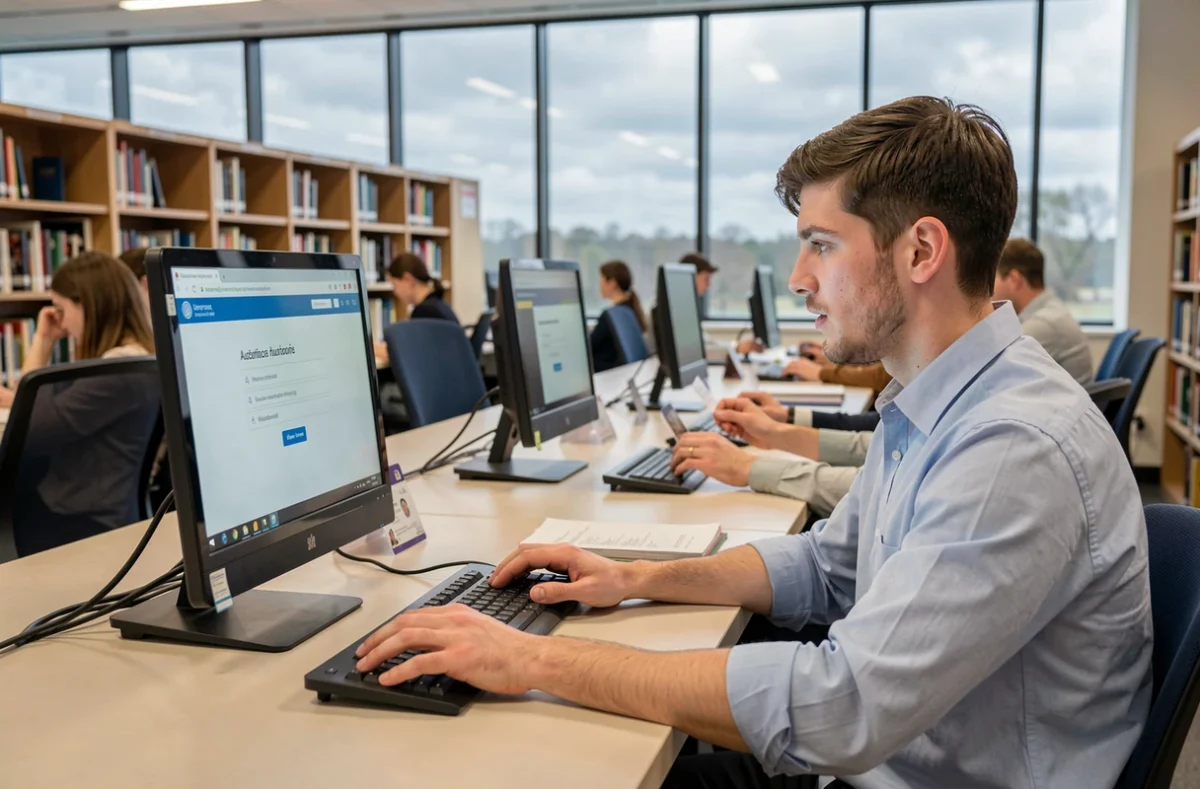 Étudiant en bibliothèque universitaire consultant sa carte étudiante pour se connecter à l'ENT Unice sur un poste informatique