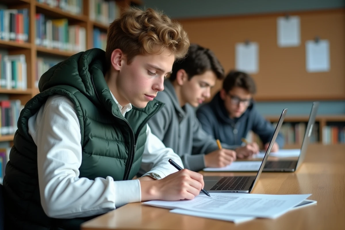 Étudiant en terminale consultant sa fiche de suivi Parcoursup dans une bibliothèque scolaire avec des camarades en arrière-plan