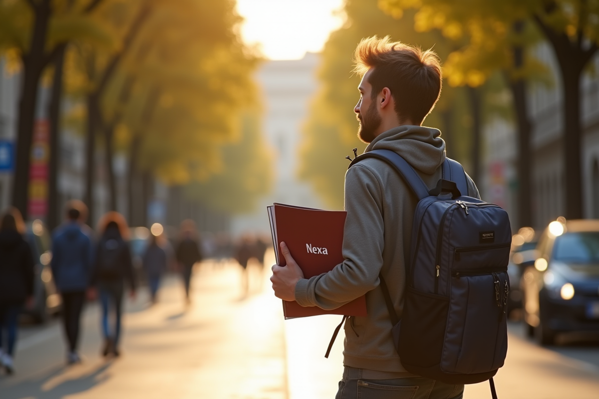 Etudiant avec sac à dos marchant dans une rue animée de Bordeaux