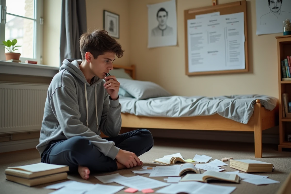 Étudiant en train de préparer le brouillon d'une dissertation sur le roman entouré de notes manuscrites