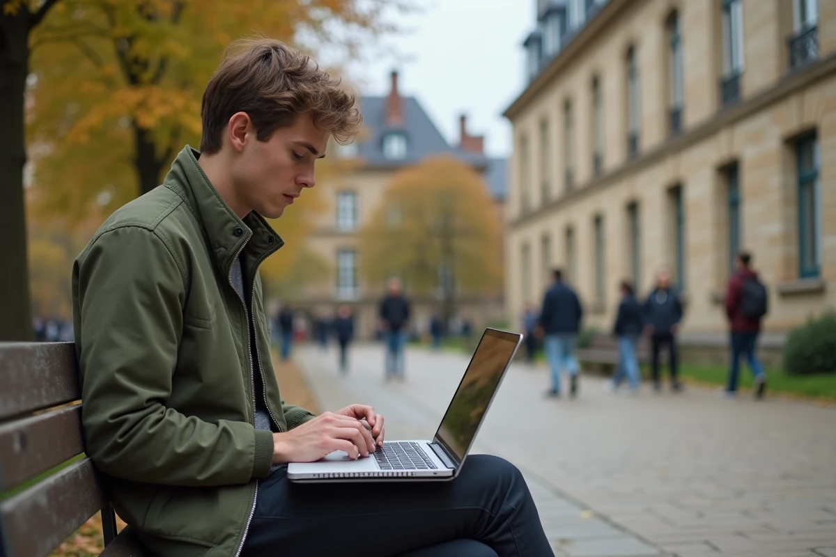 Étudiant en école hôtelière gérant son budget mensuel sur un ordinateur portable assis sur un banc du campus, illustrant la gestion financière de la vie étudiante