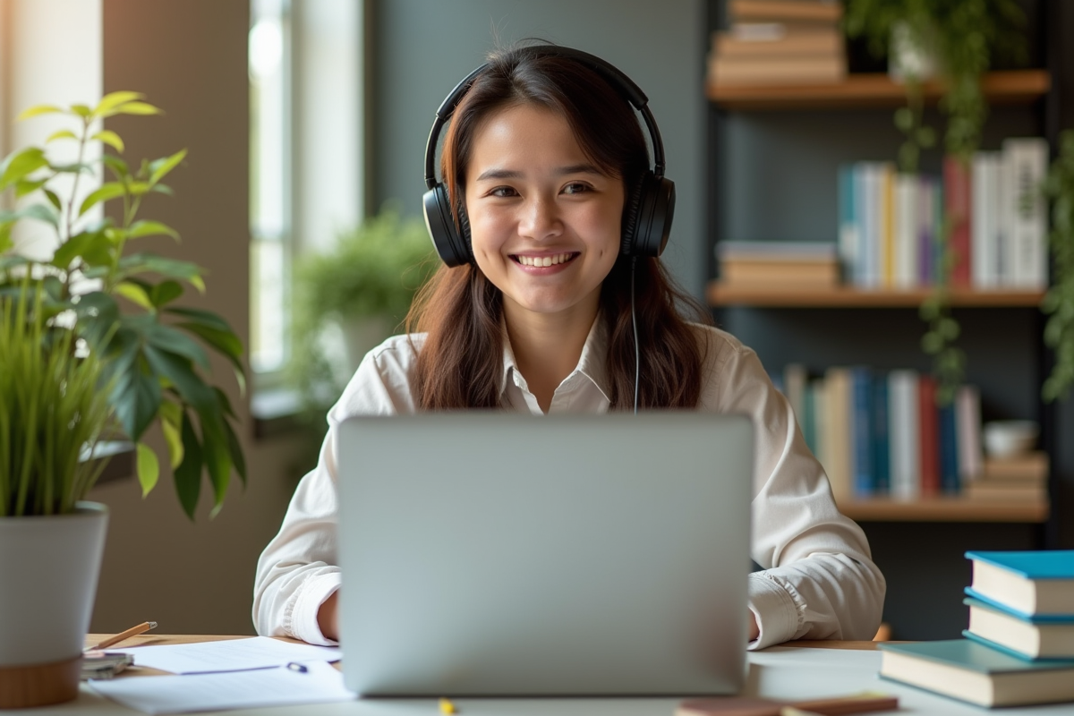 Étudiant souriant à la maison avec un ordinateur et certificats