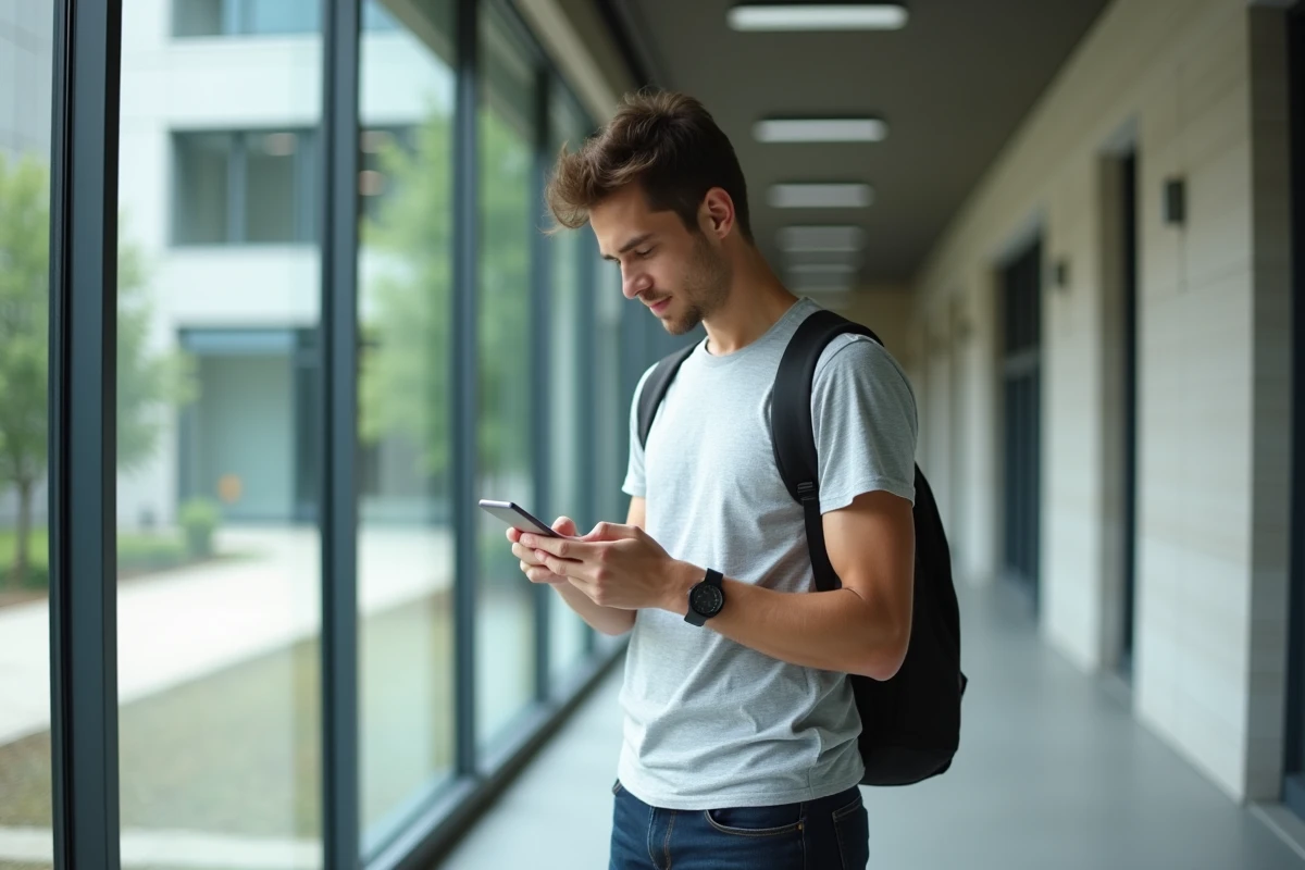 Étudiant masculin utilisant les services numériques de l'ENT Centrale Marseille sur smartphone dans un couloir universitaire